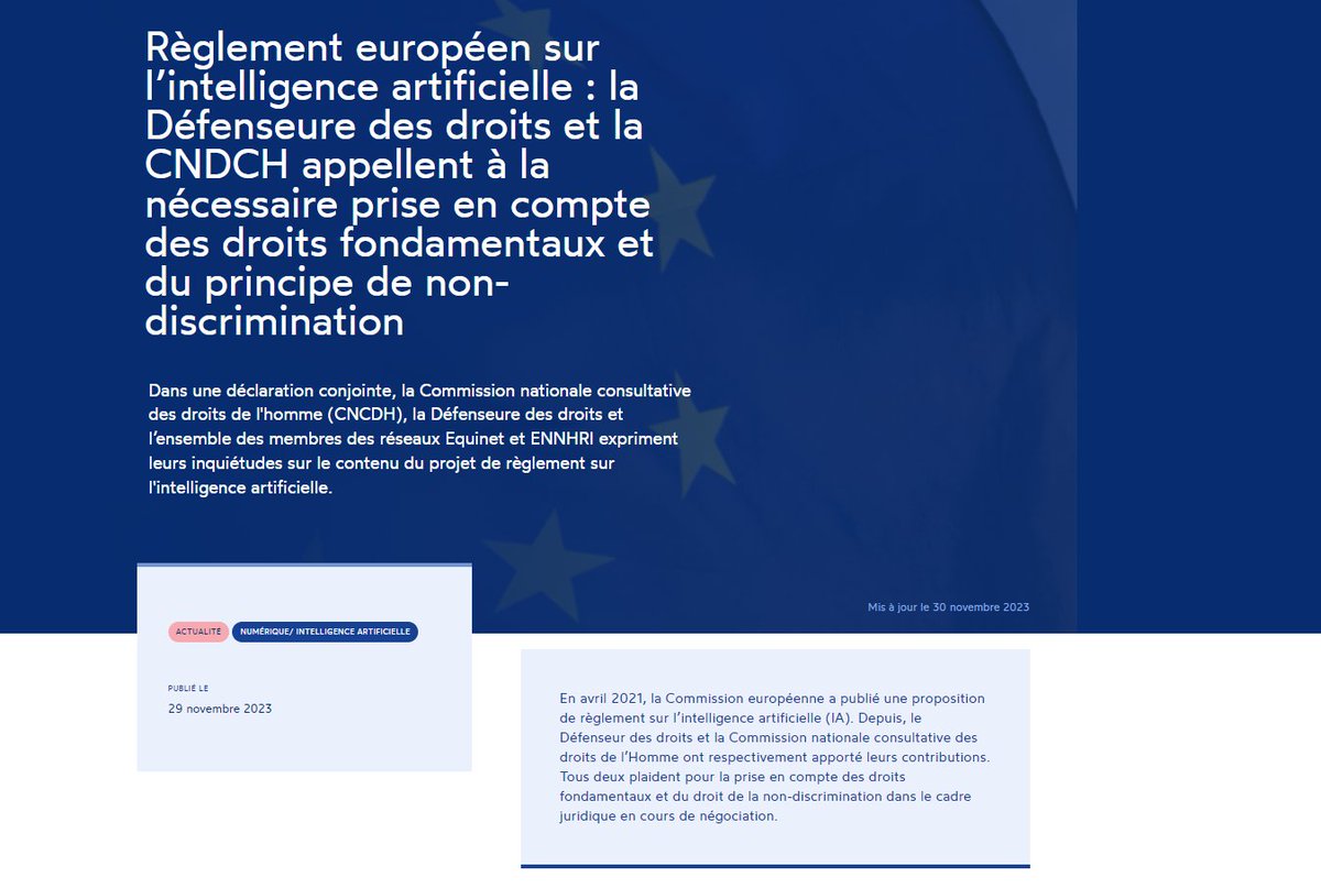 CNC Droits Homme (@cncdh) on Twitter photo #AIAct
⚠️Alors que les négo sur le projet de règlement 🇪🇺sur l'IA entrent dans la phase du trilogue, la #CNCDH, <a href="/Defenseurdroits/">Défenseur des droits</a>, avec leurs homologues de <a href="/ennhri/">ENNHRI</a> et <a href="/equineteurope/">Equinet, European Network of Equality Bodies</a>, urgent les négociateurs à prendre en compte les #droits fondamentaux.
👉cncdh.fr/actualite/regl… #AIAct
⚠️Alors que les négo sur le projet de règlement 🇪🇺sur l'IA entrent dans la phase du trilogue, la #CNCDH, <a href="/Defenseurdroits/">Défenseur des droits</a>, avec leurs homologues de <a href="/ennhri/">ENNHRI</a> et <a href="/equineteurope/">Equinet, European Network of Equality Bodies</a>, urgent les négociateurs à prendre en compte les #droits fondamentaux.
👉cncdh.fr/actualite/regl…