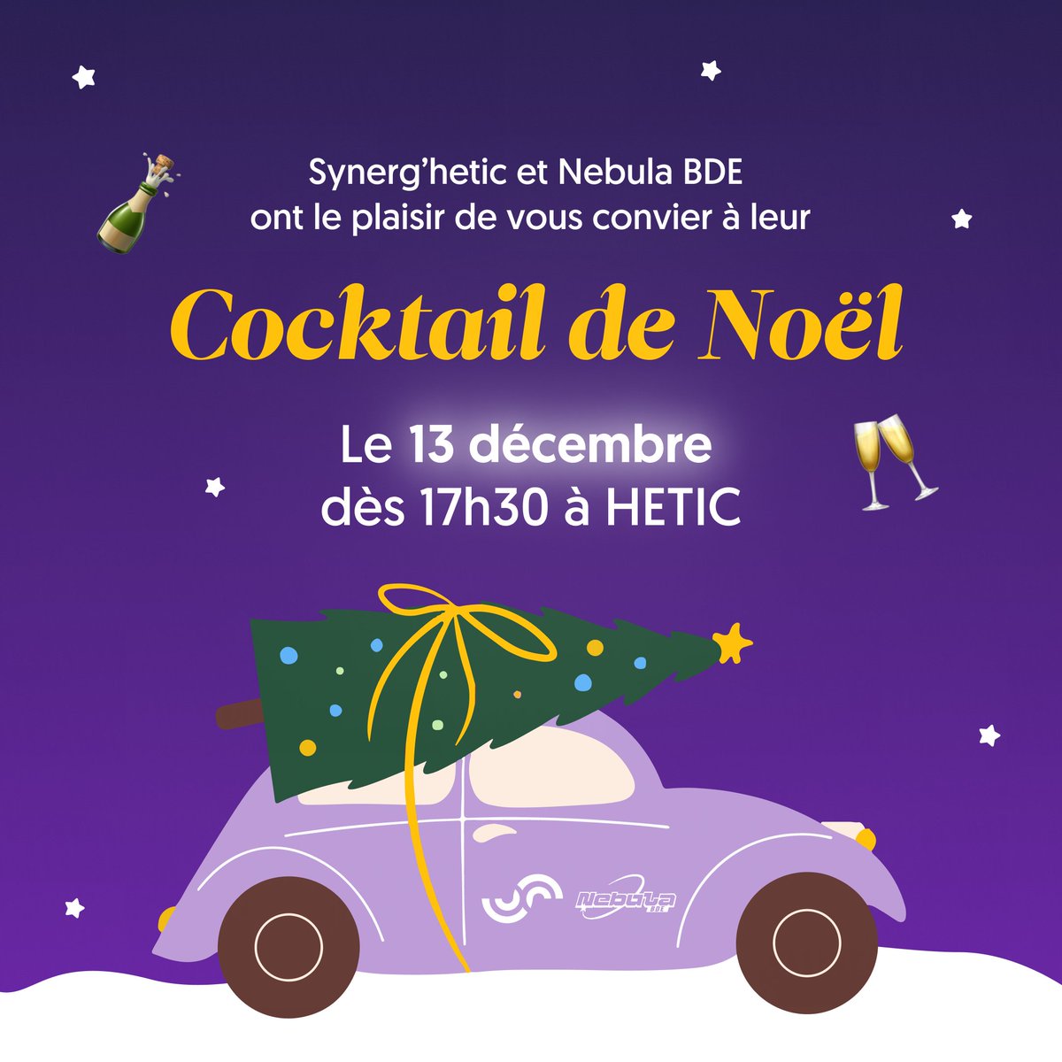 🎉Nous avons le plaisir de vous convier à notre mythique cocktail de Noël le 13 décembre à HETIC à partir de 17h30 !

Un rendez-vous où boissons et petits fours seront servis gratuitement à l’ensemble des héticiens. 🍾

#cocktail #Noël #hetic #Synerghetic #EnfantsDuWeb <a href="/hetic/">HETIC</a>