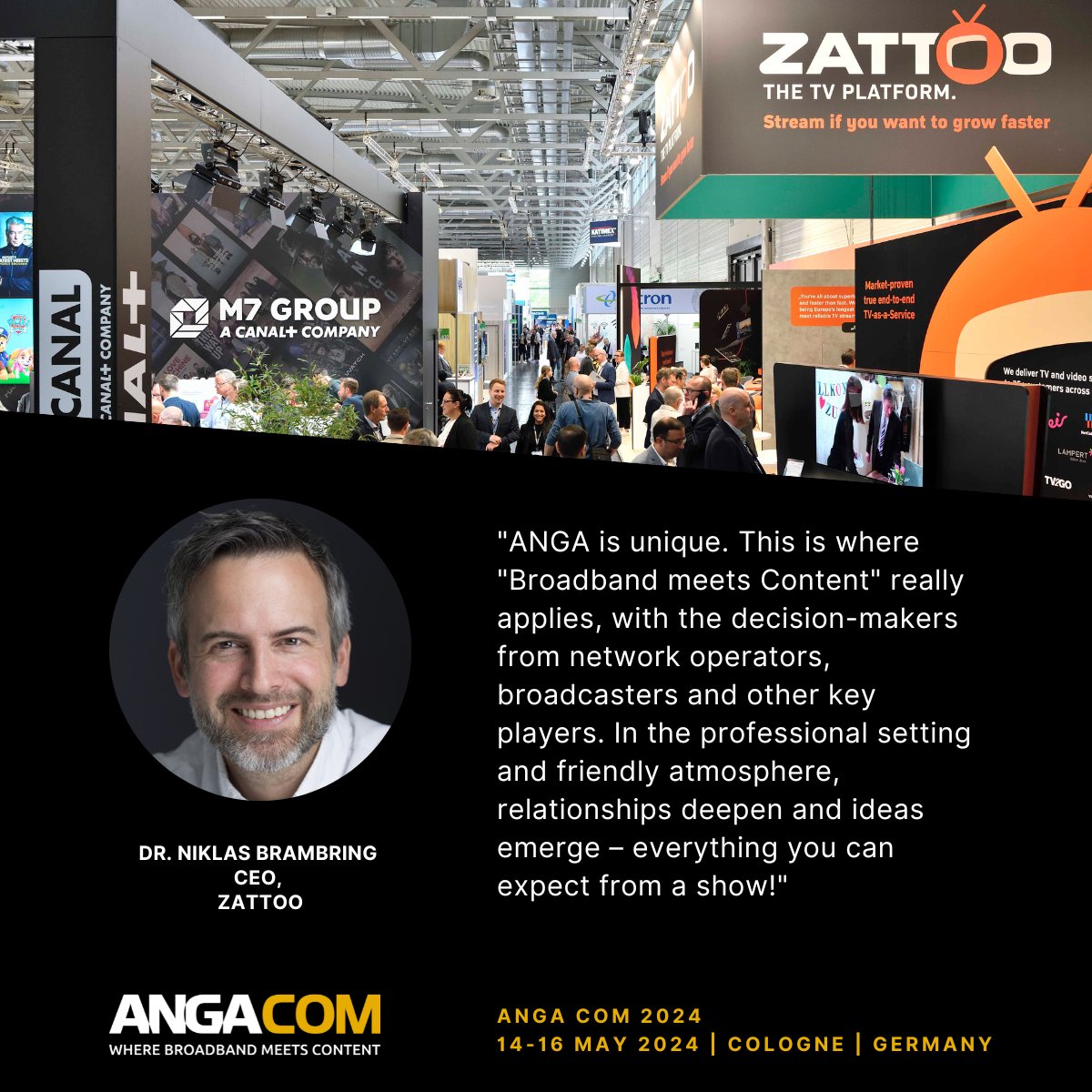 Dr. Niklas Brambring, CEO <a href="/zattoo/">Zattoo</a> on #ANGACOM: "ANGA is unique. This is where "Broadband meets Content" really applies, with the decision-makers from network operators, broadcasters and other key players..." More from the #broadband and #media industry: tinyurl.com/5bts4k5b