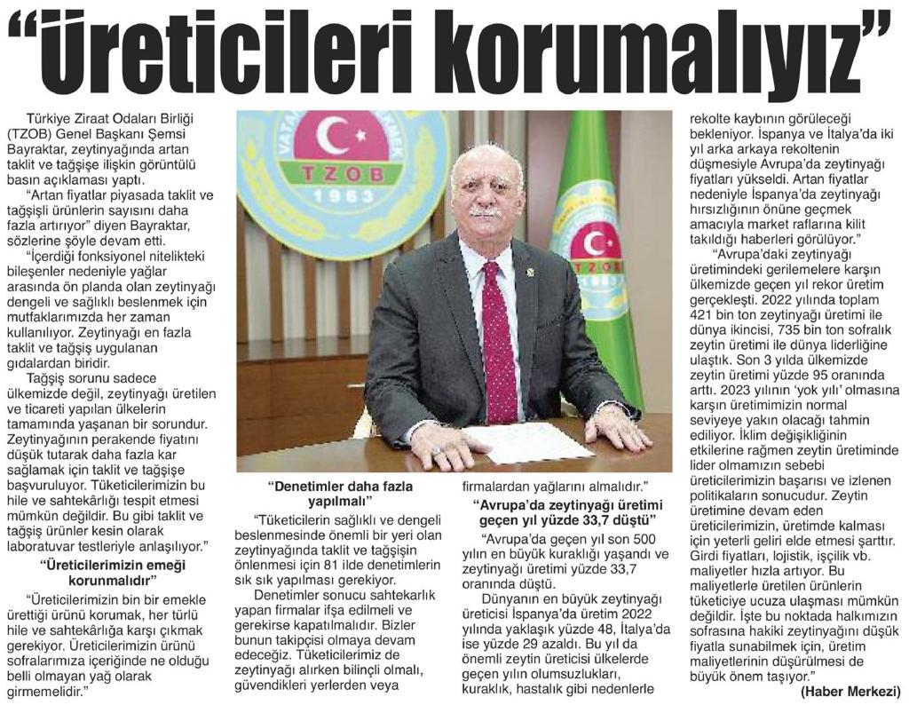 semsibayraktar's tweet photo. Zeytinyağında taklit ve tağşiş devam ediyor. Denetimlerin artırılması ve üreticilerimizin emeğinin korunması gerektiği vurgusunu yaptığım basın açıklaması gazetelerde geniş yer aldı. https://t.co/N1hn33uQxa