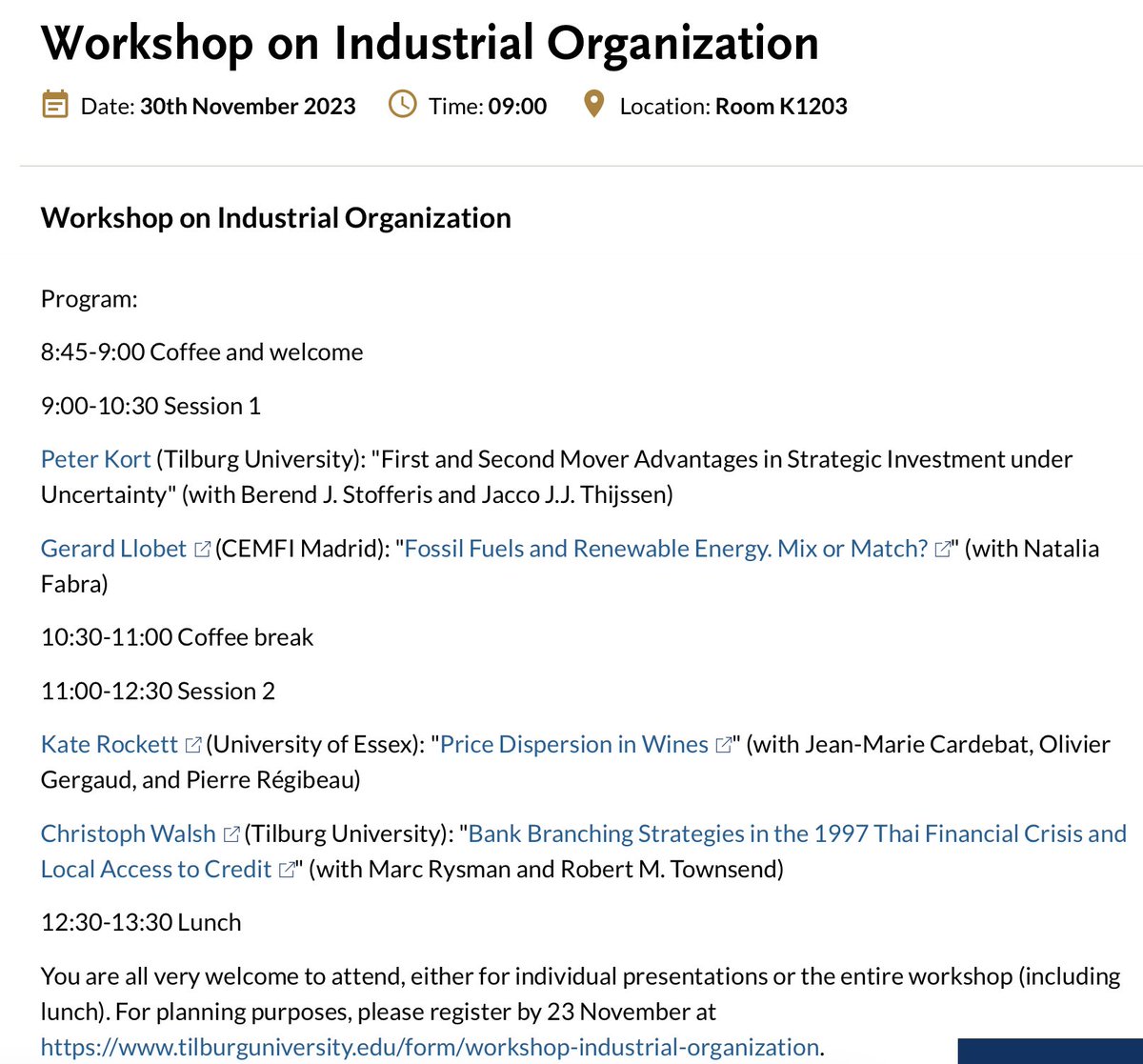 The Tilburg Law and Economics Center @TILEC1 organises a half-day workshop today on #Industrial #Organisation tilburguniversity.edu/research/insti…