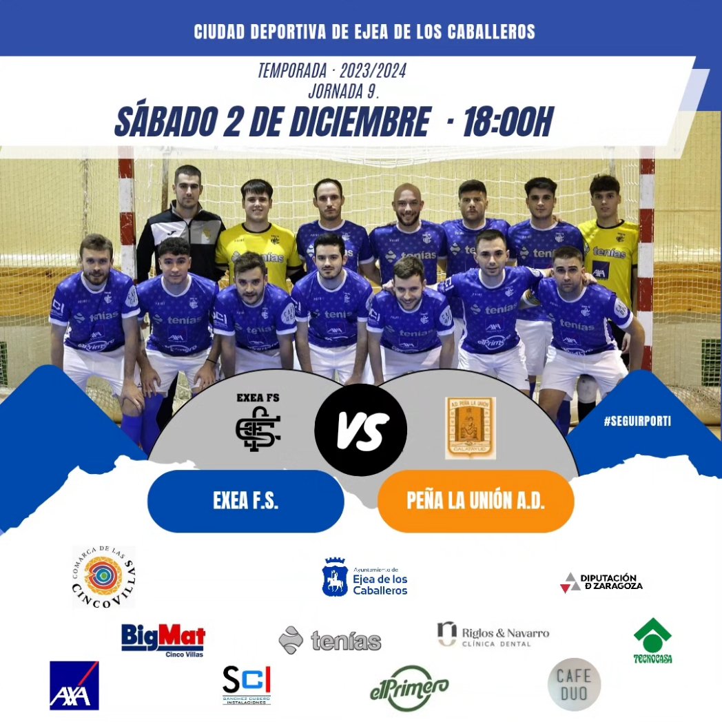 HORARIOS DEL FIN DE SEMANA.

Última jornada como locales del 2023 donde buscaremos sumar de 3.

AUTONÓMICA FUTBOL SALA.

📍Jornada 9.
📆 Sábado 2 de diciembre. 
⏰️18:00.
🆚️ <a href="/unioncalatayud/">A.D.Peña la Union</a>
🏟 Ciudad Deportiva de Ejea de los Caballeros. 

#SeguirPorTi💫
#ExeaEsDeporte