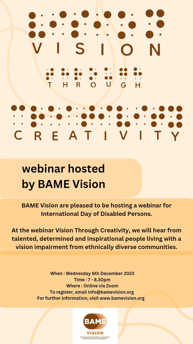 BAMEVision (@bamevision) on Twitter photo Don’t miss our final webinar of 2023. Join us on the 6th Dec. @ 7pm & hear from 3 panelists talk about their #Creative使ってみて journeys, as a #VisionImpaired person.
Email: info@bamevision.org for the joining link.
#VisionThroughCreativity #BAMEVision Don’t miss our final webinar of 2023. Join us on the 6th Dec. @ 7pm & hear from 3 panelists talk about their #Creative使ってみて journeys, as a #VisionImpaired person.
Email: info@bamevision.org for the joining link.
#VisionThroughCreativity #BAMEVision