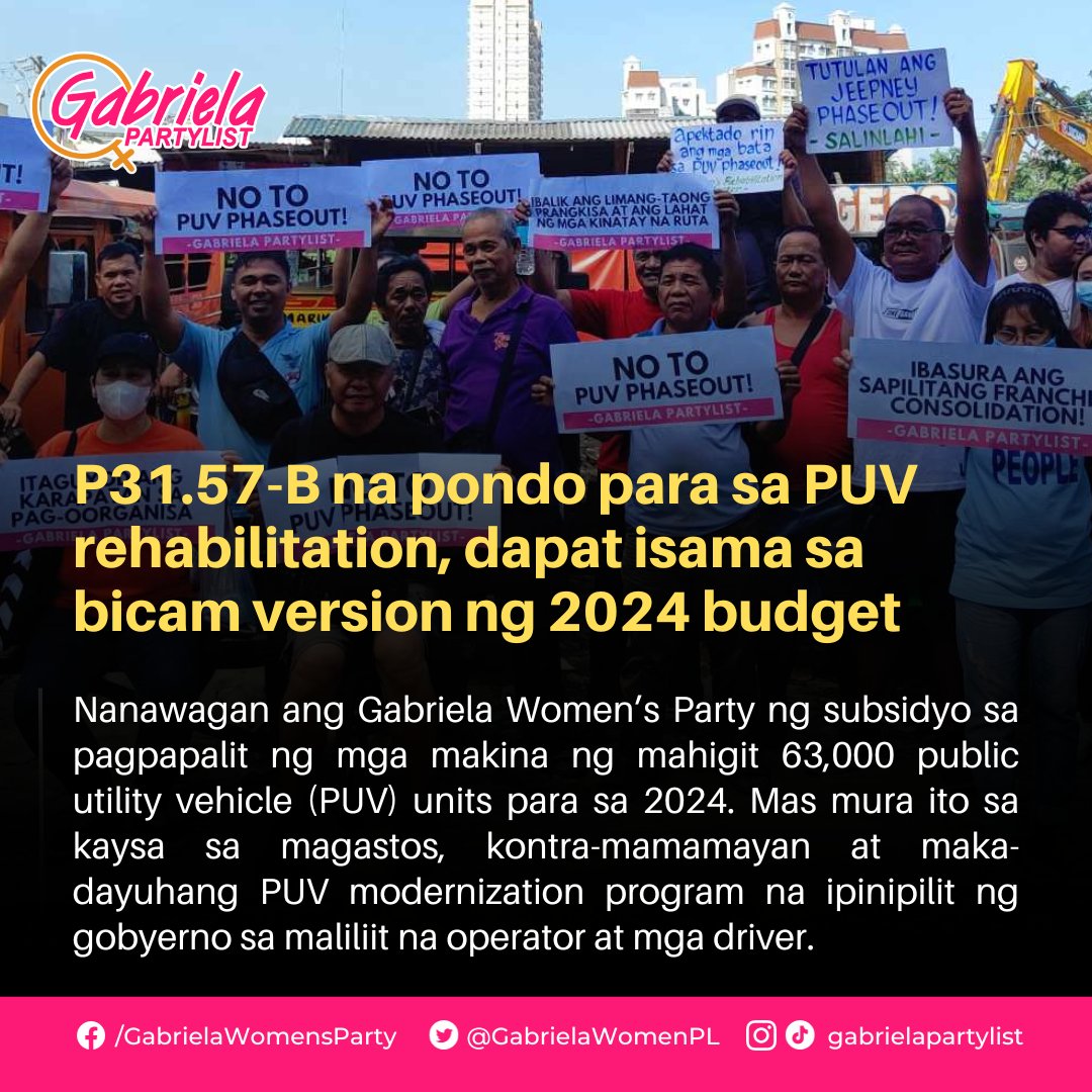 Gabriela Women's Party seeks P31.57-B PUV 'rehab fund' to subsidize modernization READ FULL STATEMENT: facebook.com/GabrielaWomens…