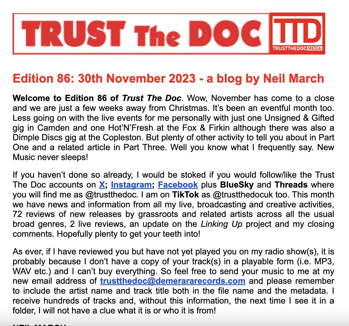 Neil March (Trust The Doc Media/ICMP) (@trustthedocuk) on Twitter photo <a href="/GeraintRhys1/">Geraint Rhys</a> <a href="/bledigmusic/">Bledig</a> <a href="/bloomdewilde/">Bloom de Wilde</a> <a href="/lionsofdissent/">Lions of Dissent</a> <a href="/PeachyDukes/">Peachy Dukes</a> <a href="/ANJAmusicuk/">A.N.J.A.</a> <a href="/bollobolloboys/">bollo bollo</a> <a href="/helloskilift/">Ski Lift</a> @francesmistryy <a href="/barbaratheband2/">Barbara</a> <a href="/staylunar/">stay lunar ✿</a> <a href="/TYIP_band/">The Year In Pictures</a> <a href="/ALTBLKERA/">ALT BLK ERA</a> @sixfourzerotwo <a href="/ElektraSpell/">Emma Forman</a> <a href="/SignalCommittee/">Signal Committee</a> <a href="/DRetiiina/">DetachedRetiiina</a> @noah_bouchard <a href="/SkinnyboyTunes/">SkinnyBoy Tunes</a> <a href="/DoveandBoweevil/">Dove and Boweevil</a> <a href="/emilywinng/">Emily Winng</a> <a href="/2AMRicky/">2AM Ricky</a> <a href="/congfusionjazz/">Ryan Mccaffrey</a> <a href="/jakchantler/">jak</a> <a href="/AgentOfKaosAOK/">AgentOfKaos</a> <a href="/metromober/">Metromober Records</a> <a href="/belgraveroadrec/">Pimlican</a> <a href="/JoeStockermusic/">Joe Stocker</a> <a href="/gillie_music/">Gillie</a> <a href="/HannahRosePlatt/">Hannah Rose Platt</a> <a href="/amelia_coburn/">Amelia Coburn</a> <a href="/sheischinwe/">Chinwe</a> ... + Ed 86 #TrustTheDoc published today ft:
#RoryRyan <a href="/Kiffie8/">kiffie.info</a> <a href="/MinimumsActual/">Minimums</a> <a href="/LostSignalTunes/">Lost Signal</a> <a href="/pecqband/">pecq</a> #barneytea #milkie <a href="/BrandNewMoon1/">Brand New Moon</a> #Sonetti #FatConcubine <a href="/NoeSolangeMusic/">Noé Solange</a> @pocketlintmusic <a href="/mdonoghuemusic/">Michael Donoghue</a> <a href="/SourSync/">Sour Sync</a> <a href="/trevasmusic/">Trevas</a> <a href="/champion_fever/">Champion Fever</a> ...
demerararecords.com/trust-the-doc <a href="/GeraintRhys1/">Geraint Rhys</a> <a href="/bledigmusic/">Bledig</a> <a href="/bloomdewilde/">Bloom de Wilde</a> <a href="/lionsofdissent/">Lions of Dissent</a> <a href="/PeachyDukes/">Peachy Dukes</a> <a href="/ANJAmusicuk/">A.N.J.A.</a> <a href="/bollobolloboys/">bollo bollo</a> <a href="/helloskilift/">Ski Lift</a> @francesmistryy <a href="/barbaratheband2/">Barbara</a> <a href="/staylunar/">stay lunar ✿</a> <a href="/TYIP_band/">The Year In Pictures</a> <a href="/ALTBLKERA/">ALT BLK ERA</a> @sixfourzerotwo <a href="/ElektraSpell/">Emma Forman</a> <a href="/SignalCommittee/">Signal Committee</a> <a href="/DRetiiina/">DetachedRetiiina</a> @noah_bouchard <a href="/SkinnyboyTunes/">SkinnyBoy Tunes</a> <a href="/DoveandBoweevil/">Dove and Boweevil</a> <a href="/emilywinng/">Emily Winng</a> <a href="/2AMRicky/">2AM Ricky</a> <a href="/congfusionjazz/">Ryan Mccaffrey</a> <a href="/jakchantler/">jak</a> <a href="/AgentOfKaosAOK/">AgentOfKaos</a> <a href="/metromober/">Metromober Records</a> <a href="/belgraveroadrec/">Pimlican</a> <a href="/JoeStockermusic/">Joe Stocker</a> <a href="/gillie_music/">Gillie</a> <a href="/HannahRosePlatt/">Hannah Rose Platt</a> <a href="/amelia_coburn/">Amelia Coburn</a> <a href="/sheischinwe/">Chinwe</a> ... + Ed 86 #TrustTheDoc published today ft:
#RoryRyan <a href="/Kiffie8/">kiffie.info</a> <a href="/MinimumsActual/">Minimums</a> <a href="/LostSignalTunes/">Lost Signal</a> <a href="/pecqband/">pecq</a> #barneytea #milkie <a href="/BrandNewMoon1/">Brand New Moon</a> #Sonetti #FatConcubine <a href="/NoeSolangeMusic/">Noé Solange</a> @pocketlintmusic <a href="/mdonoghuemusic/">Michael Donoghue</a> <a href="/SourSync/">Sour Sync</a> <a href="/trevasmusic/">Trevas</a> <a href="/champion_fever/">Champion Fever</a> ...
demerararecords.com/trust-the-doc