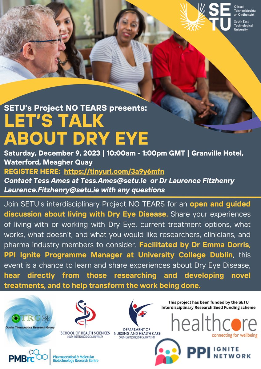 Miss the #DryEye Information Evening? Join Larry + Tess + the NO TEARS team next Saturday, instead, for a roundtable discussion on #DED. Learn more and register, here: tinyurl.com/4bvu5nhu @PMBRC_SETU @OTRG_PMBRC @OcuDelltd @GooneyMartina @evmatthewsIRL @SETU_Research