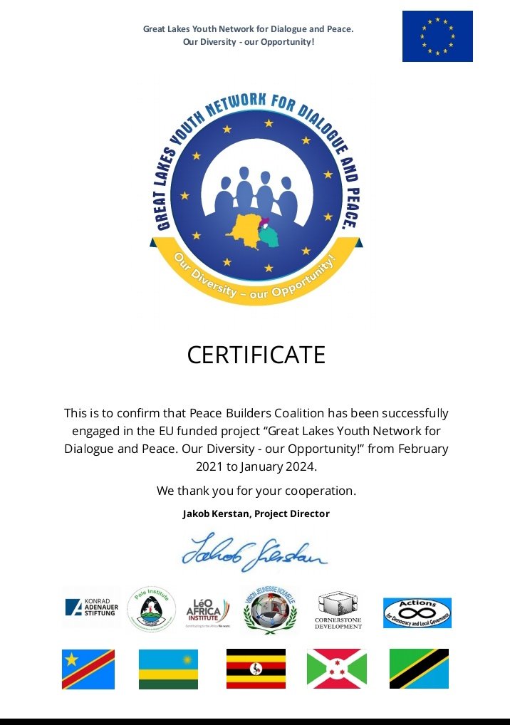 We are very happy to have been part of Great lakes youth Network for Dialogue and peace since 2021 ,special thanks @4youthdialogue @EU_Commission @EUinUG @EU_Commission for the considerations #YPS @PBCUg we are very happy and proud and we promise to keep the project ongoing.