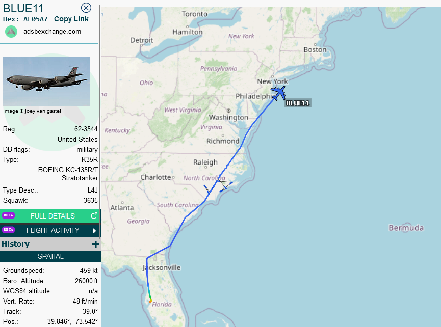 SirListenalot's tweet image. #KC135 #AE05A7 #BLUE11 out of McDill is dragging two ("LN") #F15's #RETRO51-52. #KC46 #AE5FAF #BLUE12 should show up shortly out of Bangor to take over