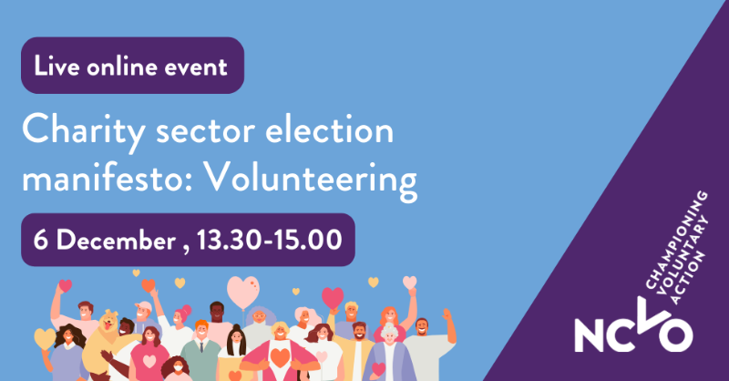 NCVO's tweet photo. Ahead of next year’s election, we’re working with @ACEVO to develop a manifesto on behalf of the charity sector.

Join our free online event to share your views, priorities and challenges, and to discuss how a new government can support volunteering: https://t.co/5LXlLwHjVO