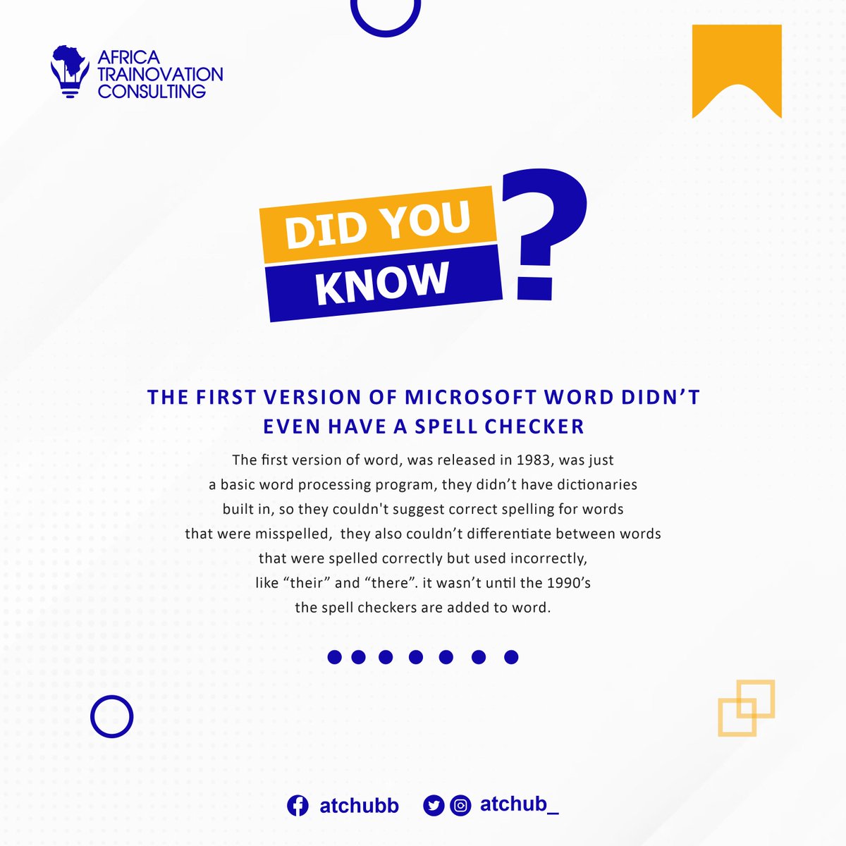 atchub_'s tweet photo. Did You Know?

#ATCHUB #wisdomthursday #didyouknow #TechGuru #innovation #techinstitute https://t.co/eRyO7J1P9S