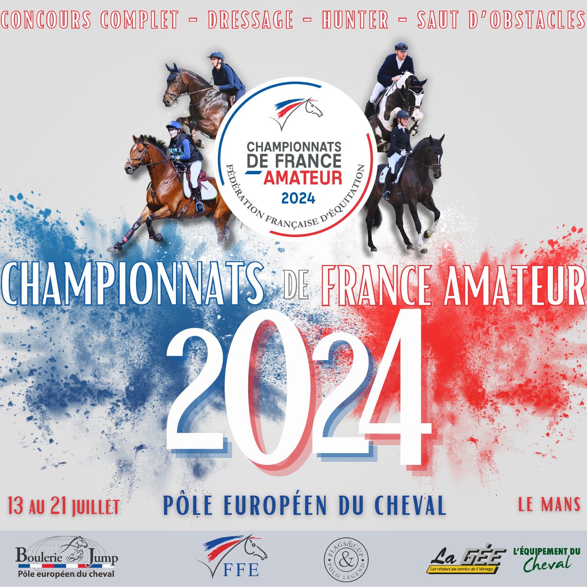 #JUMPING #COMPLET #DRESSAGE #HUNTER
À vos agendas ! 🤩 Le planning prévisionnel et le règlement des championnats de France #amateur 2024 est en ligne ! 🌐
🗓️ Du vendredi 12 au dimanche 21 juillet 2024
📍Pôle Européen du Cheval - Le Mans
Le programme ➡️  championnatsamateur.ffe.com