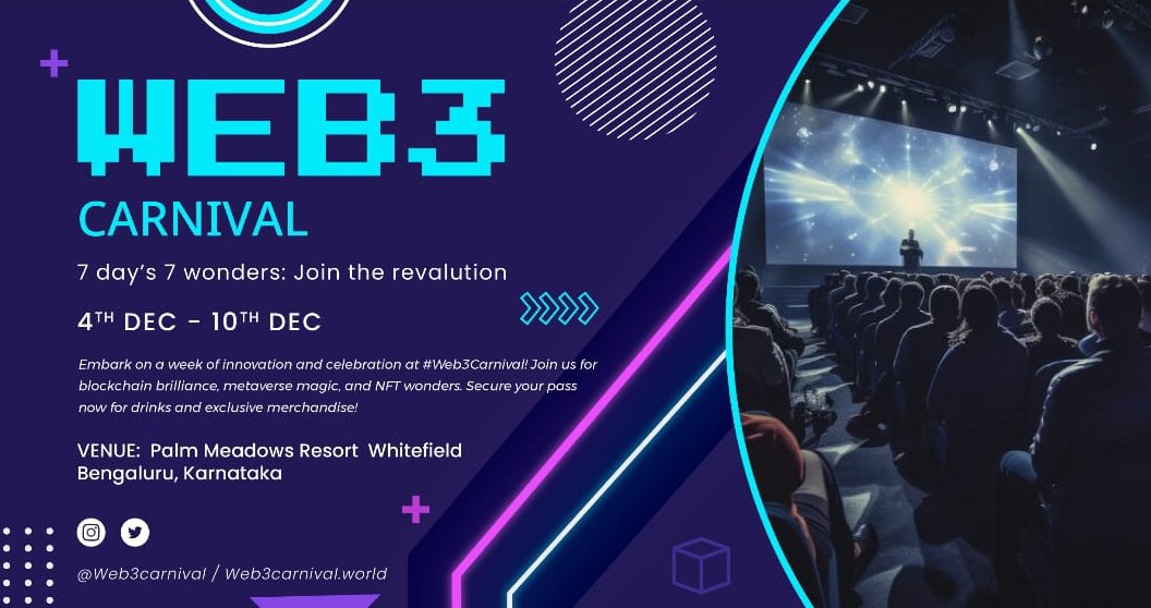 web3carnival's tweet photo. 🚀 The moment we've all been waiting for is finally here 🌐

All Web3 Trailblazers, Brace yourselves for the most anticipated event of the year – the #Web3Carnival 🔥

Get ready for a week packed with innovation, blockchain brilliance & non-stop excitement 🎉

Let the countdown to decentralized euphoria begin! #Web3Carnival

Here's everything about 7 days, that you would not like to miss out🚀

🔗 Day 1: Blockchain Infrastructure, Kick-off Party
🗳 Day 2: DAO & Governance, Culture Evening
🎮 Day 3: Metaverse, GameFi, Demo Night with Fundraising activities
🔐 Day 4: ZK & Security, Awards Night.
💹 Day 5: CeFi, DeFi, Staking, Web3 Prop Party.
🏢 Day 6: Enterprise Blockchain, then soak in NFT Art & Culture at our stunning Exhibition Night.
🎨 Day 7: NFT & Utilities, EDM Closing Party

One secret🤐 : We have made your journey sweeter! 🥂 Indulge in complimentary drinks, feast on delicious bites, and snag exclusive free merchandise goodies! 🎉🛍

Get your passes Now : https://t.co/1R1PxQrho6

Save the date: 4th December to 10th December 2023
Venue: Palm Meadows Resort, Whitefield, Bangalore

It's time to redefine the web! 💥 #Web3Carnival