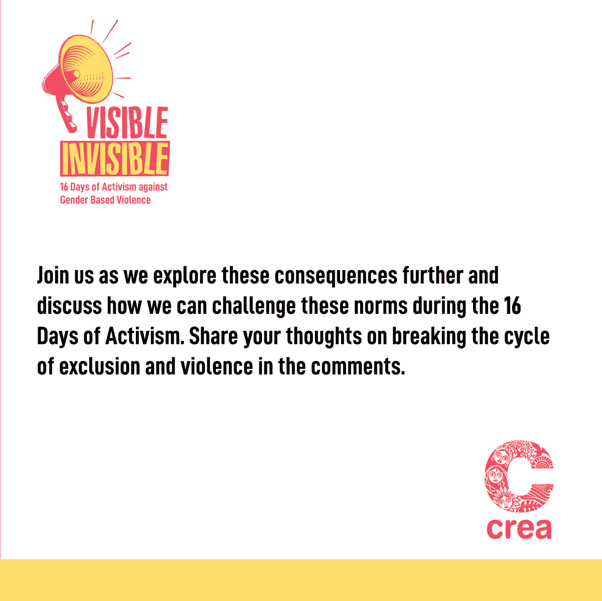 ThinkCREA's tweet photo. Join us in discussing how discriminatory societal norms impact the visibility of and response to violence during the #16DaysOfActivismAgainstGBV 
Let's break the silence and challenge the systems that perpetuate inequality. #UnitedToEndGBV #ThinkCREA #VisibleInvisible https://t.co/bfIubzReo6