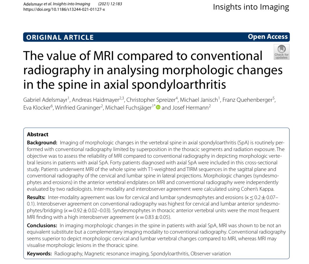 gennadanna's tweet photo. #GDASuggestions
#Spine #Radiology
"The value of MRI compared to conventional radiography in analyzing morphologic changes in the spine in axial spondyloarthritisโ
@InsightsImaging @cannella_rob @myESR https://t.co/yH99nSNUD0