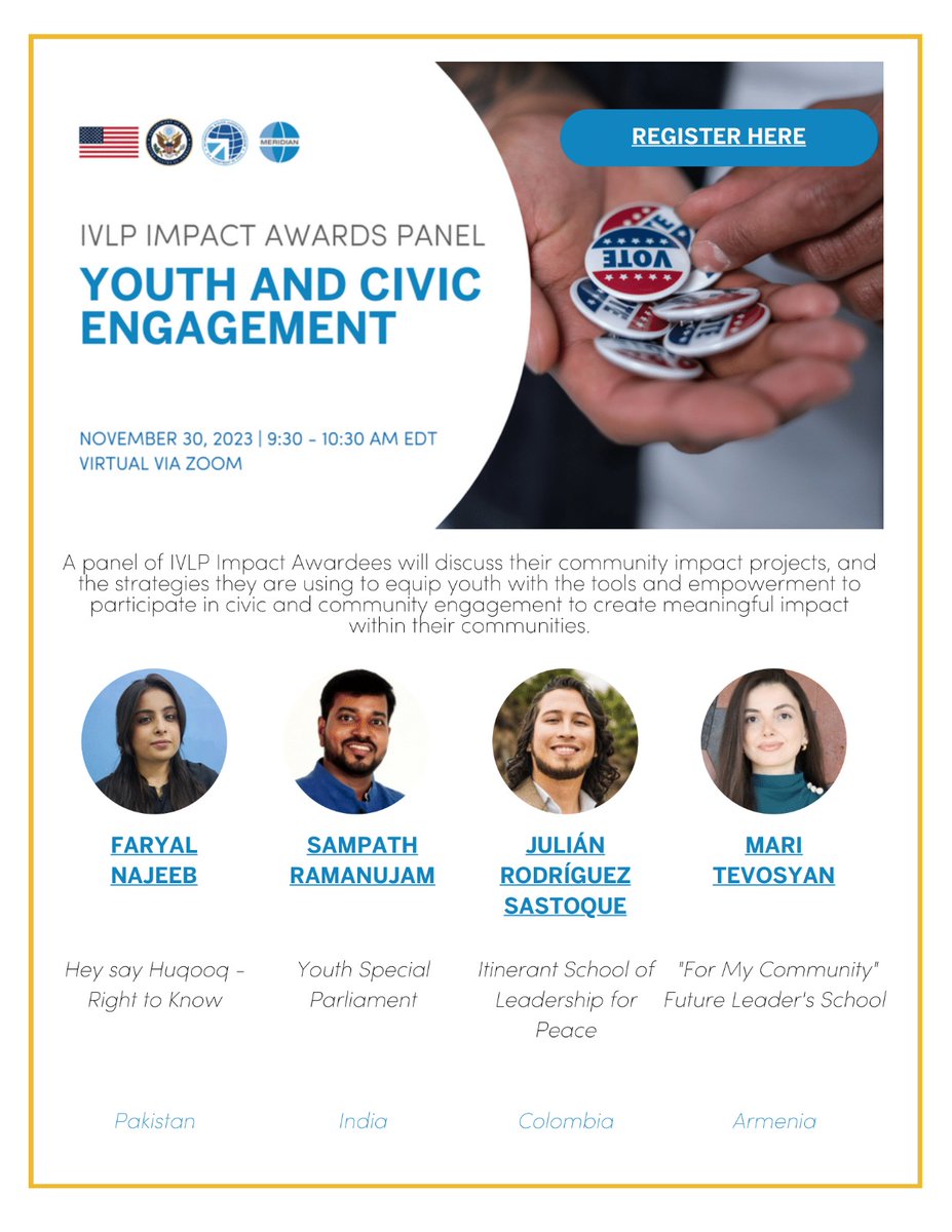 Sampath Ramanujam (@sampathramanuja) on Twitter photo I am happy to be a moderator for the below IVLP impact awards panel discussion on "Youth and Civic Engagement" today 8.00PM IST, which has panelists from Pakistan, Colombia, and Armenia.
<a href="/BPACofficial/">B.PAC - Bangalore Political Action Committee</a> <a href="/StateIVLP/">IVLP</a> <a href="/MeridianIntl/">Meridian International Center</a> <a href="/exchangealumni/">ExchangeAlumni</a>
<a href="/AnvayaNGO/">AnvayaFoundation.ngo</a> <a href="/PMOIndia/">PMO India</a> <a href="/BCLIPAlumni/">B.CLIP Alumni Association</a> I am happy to be a moderator for the below IVLP impact awards panel discussion on "Youth and Civic Engagement" today 8.00PM IST, which has panelists from Pakistan, Colombia, and Armenia.
<a href="/BPACofficial/">B.PAC - Bangalore Political Action Committee</a> <a href="/StateIVLP/">IVLP</a> <a href="/MeridianIntl/">Meridian International Center</a> <a href="/exchangealumni/">ExchangeAlumni</a>
<a href="/AnvayaNGO/">AnvayaFoundation.ngo</a> <a href="/PMOIndia/">PMO India</a> <a href="/BCLIPAlumni/">B.CLIP Alumni Association</a>