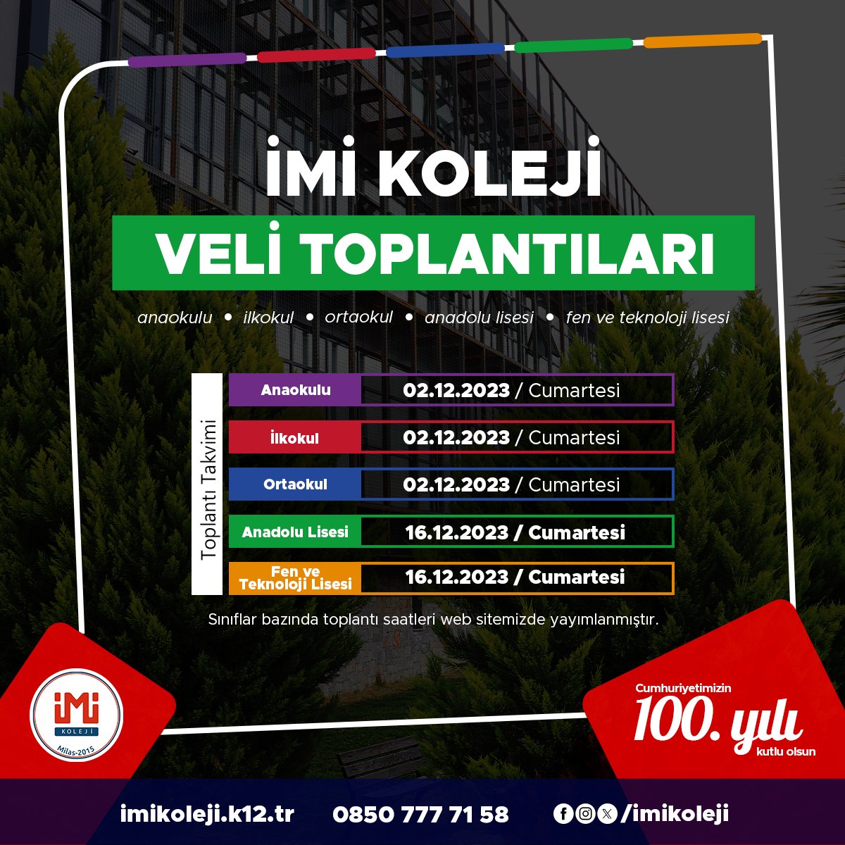 2023/2024 eğitim öğretim dönemi 1. dönem veli toplantılarımız 2 ve 16 Aralık 2023 tarihlerinde kampüsümüzde gerçekleştirilecektir. Sınıflar bazında toplantı saatlerini web sitemiz imikoleji.k12.tr adresinden görüntüleyebilirsiniz.