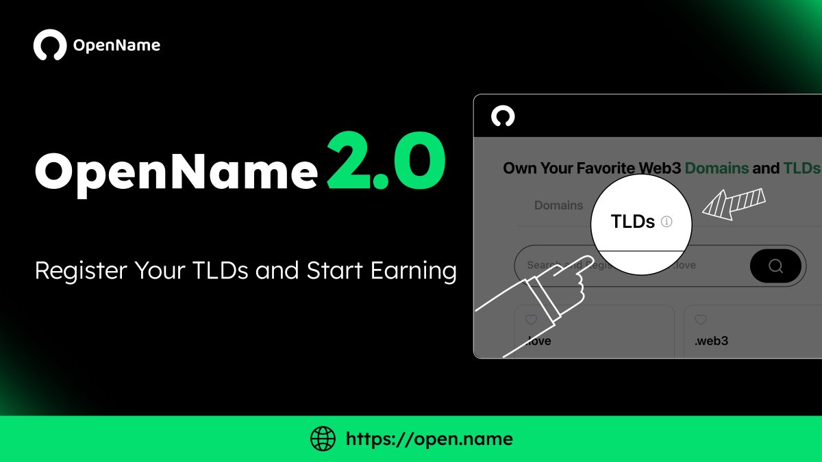 🚀 Ready, Set, Go! OpenName 2.0 IS NOW LIVE!

💥Now, you can go beyond domains and secure your Omnichain TLDs. Explore the excitement at open.name and earn up to 70% in registration fees when users register domains under your TLD! 

👨‍🌾Ready to be both domain owner