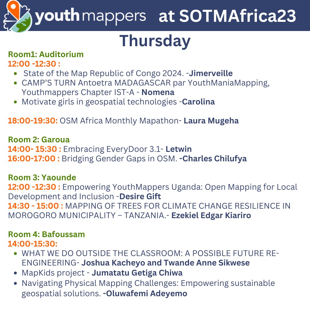 YouthMappers (@youthmappers) on Twitter photo ✨Catch our #YouthMappers superstars 🤩at the <a href="/sotmafrica/">SotM Africa 2025</a> 2023 conference 🎉
Day 1!! Let’s go 💃🏽
🎥Watch the sessions live at 🔗youtube.com/@sotmafrica/st… ✨Catch our #YouthMappers superstars 🤩at the <a href="/sotmafrica/">SotM Africa 2025</a> 2023 conference 🎉
Day 1!! Let’s go 💃🏽
🎥Watch the sessions live at 🔗youtube.com/@sotmafrica/st…
