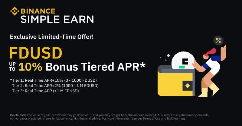 binance's tweet photo. #Binance launches a new promotion for $FDUSD on Simple Earn Flexible products. 

Enjoy an exclusive bonus tiered APR of up to 10%!