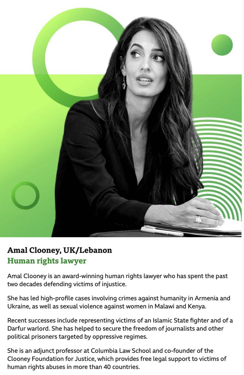 Earlier this month, the BBC revealed its 2023 list of 100 inspiring and influential women. Among those selected this year is the Co-Founder of @ClooneyFDN, Amal Clooney, for having spent the past two decades defending victims of injustice. bbc.co.uk/news/resources…