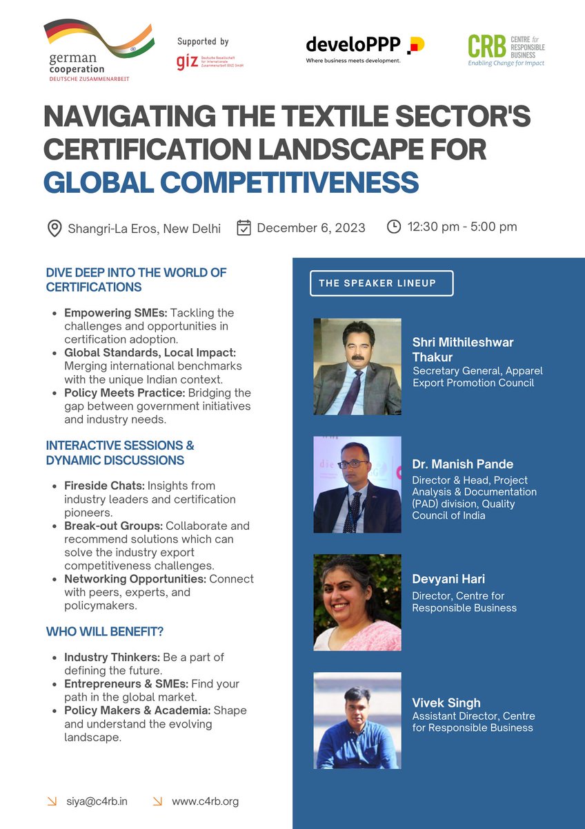 Join us on December 6, 2023, for an insightful roundtable co-hosted by the @Centre4RespBiz in collaboration with @giz_gmbh, @giz_india, and develoPPP. We are excited to bring a thought-provoking discussion on 'Navigating The Textile Sector’s Certification Landscape for Global