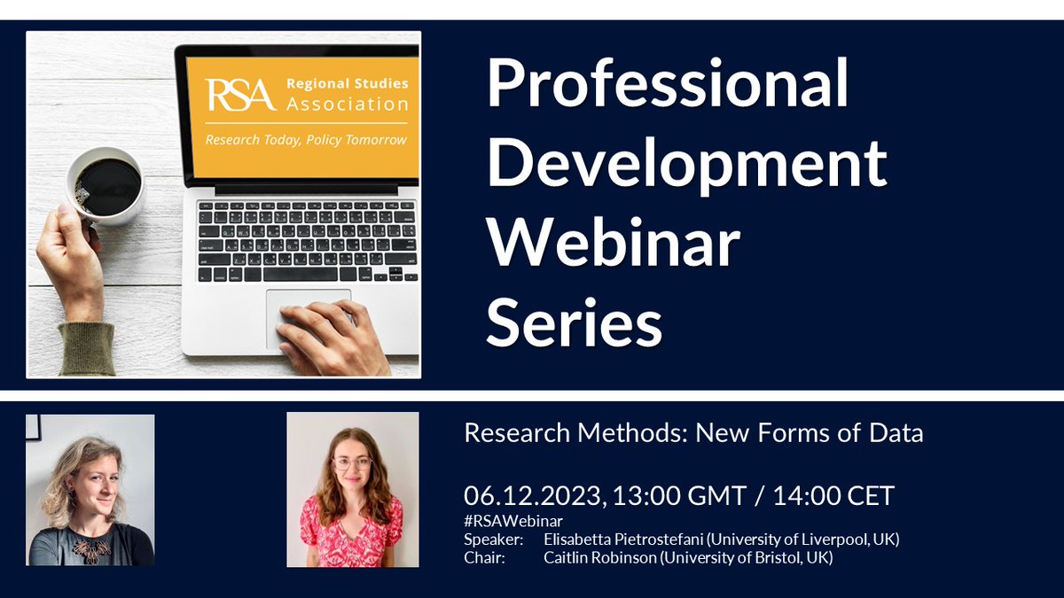 Our next #RSAWebinar on a very cutting edge topic:

➡️New Forms of Data
🗓️ 6 Dec 1pm GMT + 1 CET
📢 @EPietrostefani 
🪑 @CaitHRobin 
ℹ️ bit.ly/profdev23 

These webinars are free and open to all.

#research #data #geography #mobilitypatterns

🔁🤗