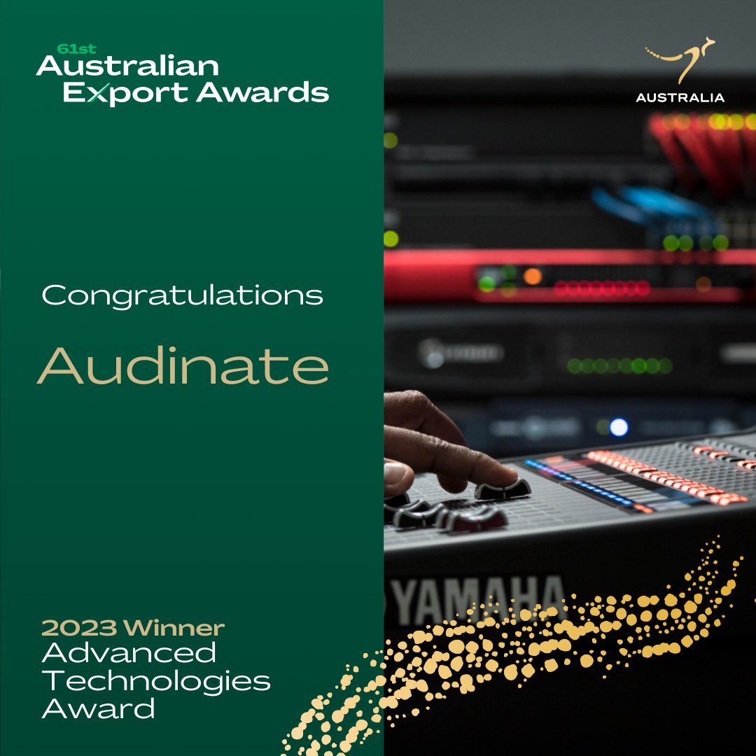 Austrade's tweet photo. A two-riffic outcome for the first award at the Australian #ExportAwards tonight! 🏆

Congratulations to joint winners of the Advanced Technologies Award @ProphecyIntern1 and Audinate 🌐 🎛️

Find out more 👉https://t.co/snAMgtDxQL https://t.co/7Mm8fVnfXf