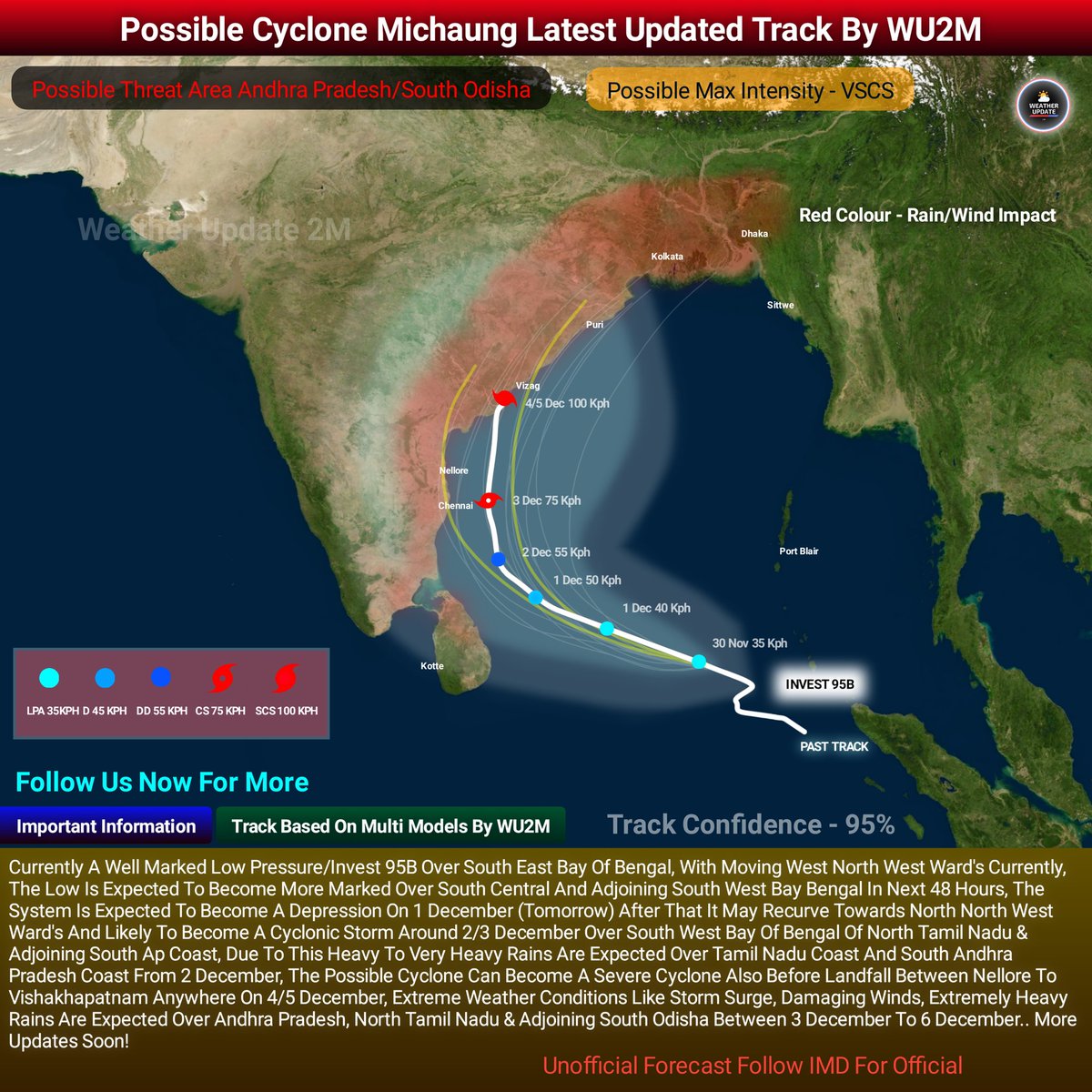 Expected Cyclone #Michaung Latest Fresh Track Forecast! Low Pressure Over South East BOB Can Become A Depression In Next 24 Hours And Can Become A Cyclone Before Landfall Over East India Near Andhrapradesh On 4/5 December, Check Graphic For Full Info #CycloneMichaung #wu2m #rain