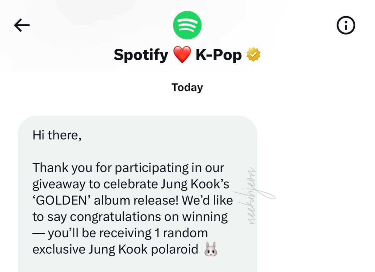 neekuhjeon's tweet photo. omg i won??? 😳 ily jungkook 😭😭

tysm @SpotifyKpop @SpotifyPH 💜 https://t.co/7VauRUnnrk