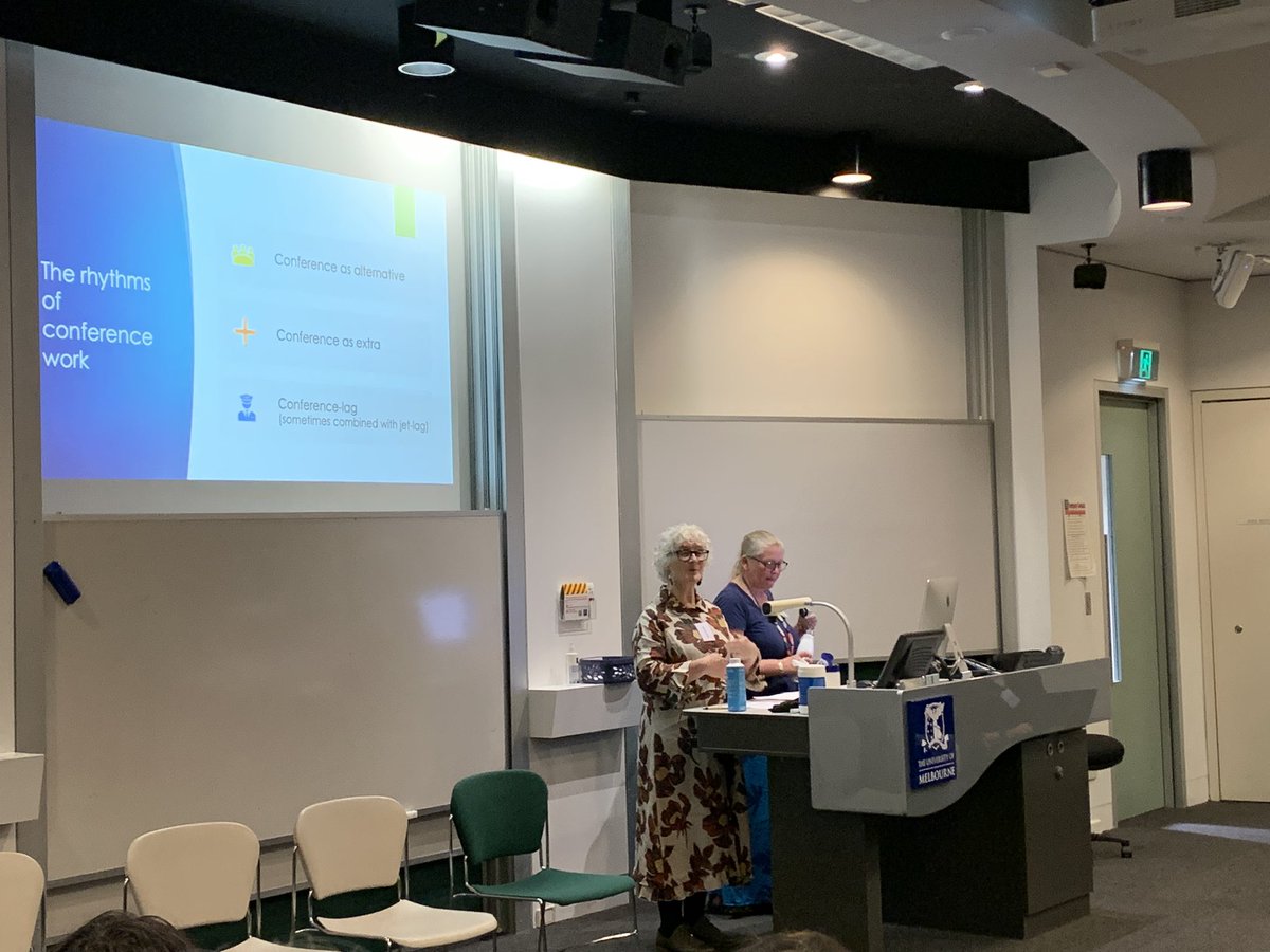 Enjoying lovely provocation &amp; intimate reflection by <a href="/KathyMee10/">Kathy Mee</a> &amp; #MichelleDuffy on what it means to traverse the Australian outback by train for conferences. The talk cuts across many threads; work mobility, sticky #care and mobility/ immobility, #carbon impact &amp; #ClimateChange