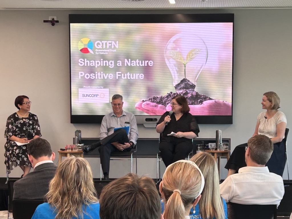 QldTFN's tweet photo. Our 'Shaping a Nature Positive Future' event highlighted need for urgency, transparency, &amp; community engagement. Thanks to our expert panel Chris Norman @NRMRegionsQLD, Liz Rose @EY_Australia, Rebecca Roebuck (Social Impax), &amp; Yatra Forudi. Thanks to Suncorp Group for hosting. https://t.co/lXs10jvMt9