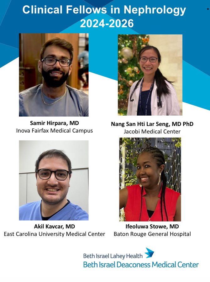 The BIDMC nephrology family welcomes our newest members today! We are thrilled to be joined by Drs. Hirpara, Seng, Kavcar, and Stowe and look forward to caring for patients with you…and learning with/from you. 🎉🎉🎉 @StewartLecker @jwilliamMD @AlexMorales711 @Esi14241901