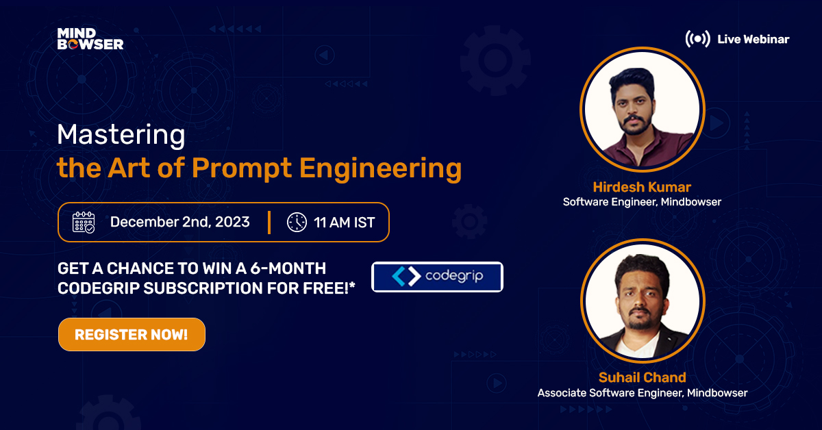 Mindbowser's tweet photo. Register now for a chance to win a 6-month Codegrip subscription and get your quiz participation certificate! 🏆 

Don't miss out, elevate your understanding of prompt engineering!
https://t.co/h6iFDteWpo

#Webinar #AI #PromptEngineering #SaturdayLearnings #Codegrip https://t.co/UeqEZvFOoo