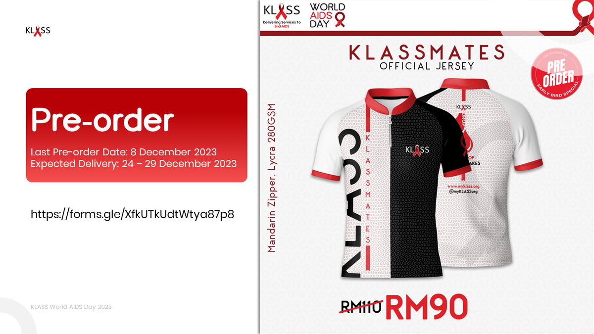 Hi all!!

@myKLASSorg is fundraising to ensure our services are sustainable. Pre-order KLASSmates exclusive jersey. Each pre-order will contribute RM15 to KLASS.

Last date for pre-order: 8 December 2023

Click here for full details:
forms.gle/XfkUTkUdtWtya8…