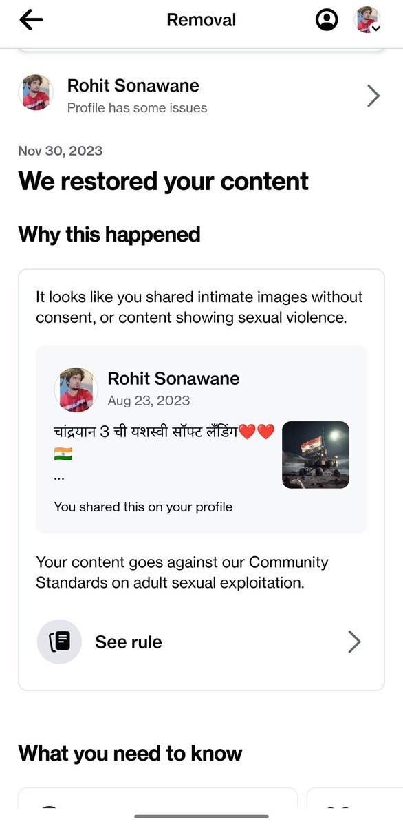 Rohitks25's tweet photo. So,According to @facebook @Meta , Sharing something about Achievement of @isro &amp; Bharat's Space milestone, Comes in Sexual content/nudity/sexual violence.
Post is about smooth landing of #Chandrayan3

@GoI_MeitY @narendramodi @AmitShah @DrSJaishankar @AshwiniVaishnaw @AskAnshul https://t.co/U5gBMkMXQA