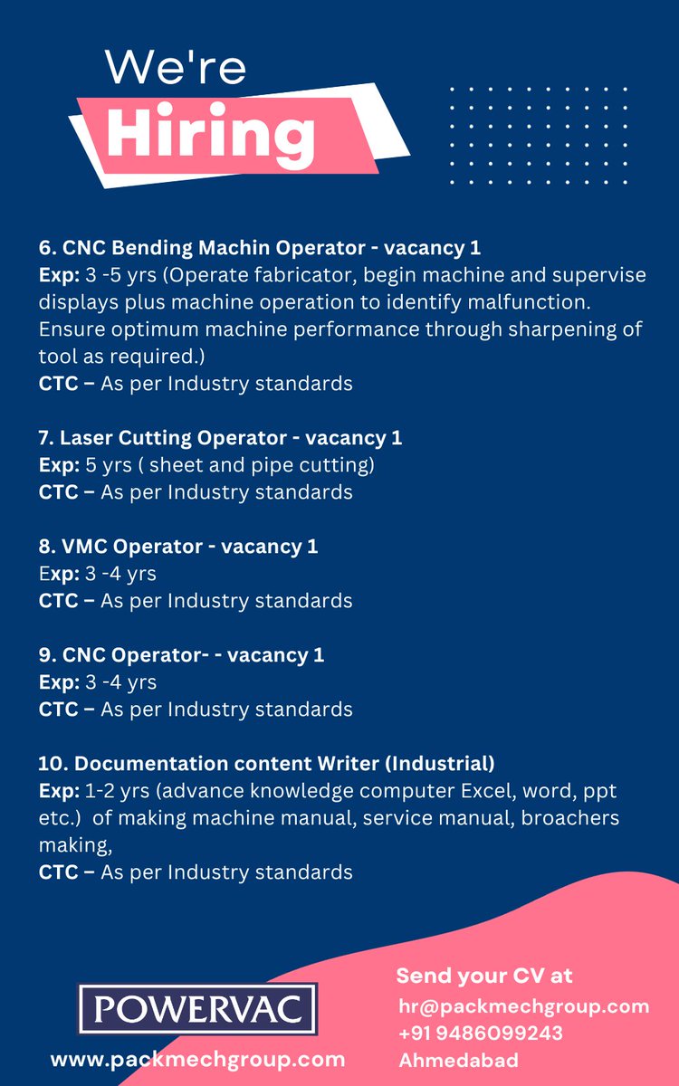 Hello...

WE Are Urgent Hiring For Multiple Position 

If you are interested Please Send CV:
hr@packmechgroup.com
No.: +91 7486099243

#hiringimmediately #kathwada #cncmachining #fitters #panelbuilding #Modiji_Railway_Vacancy_Do #fabrication #Serviceengineer