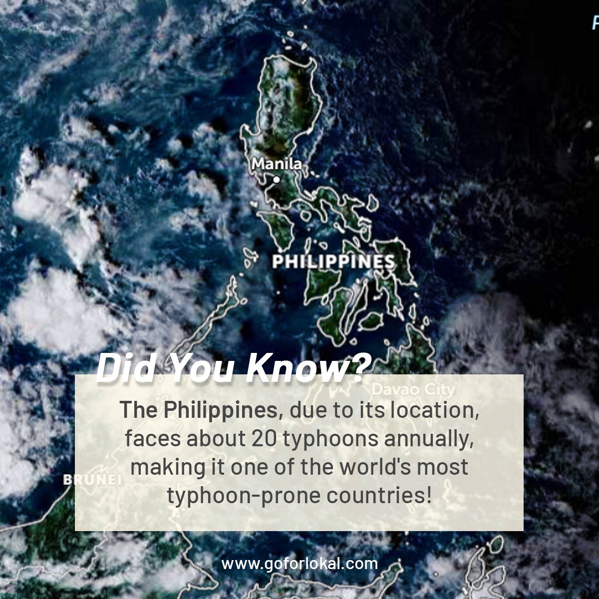 go4lokal's tweet image. Out of the 20 typhoons that visit the country every year, 5 are destructive. With the Philippines being located in the Pacific Ring of Fire, our country is not only prone to typhoons, but also to earthquakes and volcanic eruptions.

#FunFactPh #PhilippineTyphoon #GoForLokal