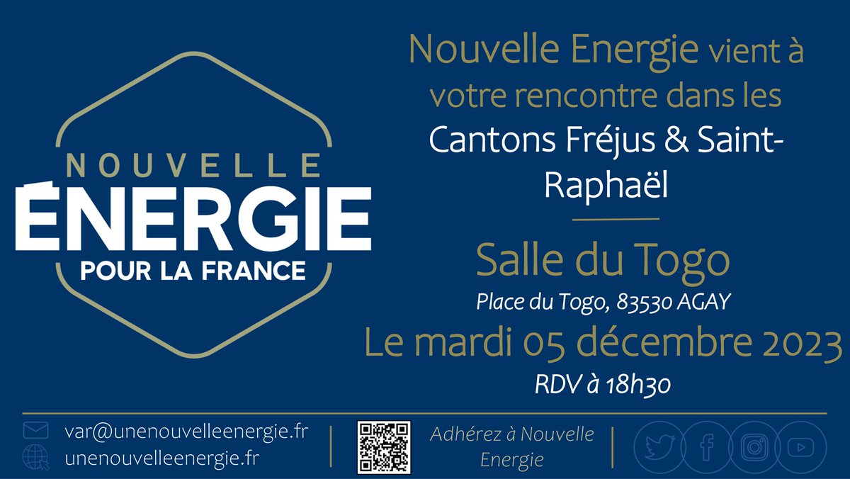 🔴 Le mardi, c’est @Nouv_Energie 🔴

Nous venons à votre rencontre dans les cantons de #Fréjus & #SaintRaphaël 

📆 05/12
⏰18h30
📍Salle du Togo, Agay 

#NouvelleEnergie #Var #Lisnard