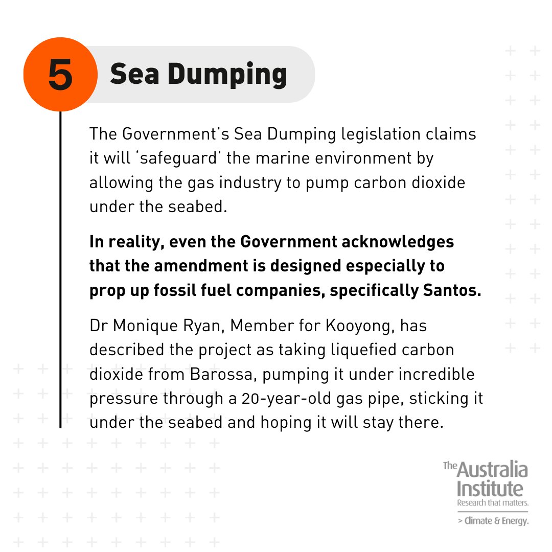 TheAusInstitute's tweet photo. 5⃣ The Sea Dumping Bill (aka the favour for Santos) 

Apparently, it will ‘safeguard’ the marine environment by allowing the gas industry to pump carbon dioxide under the seabed. https://t.co/wg3ljp6Vcz