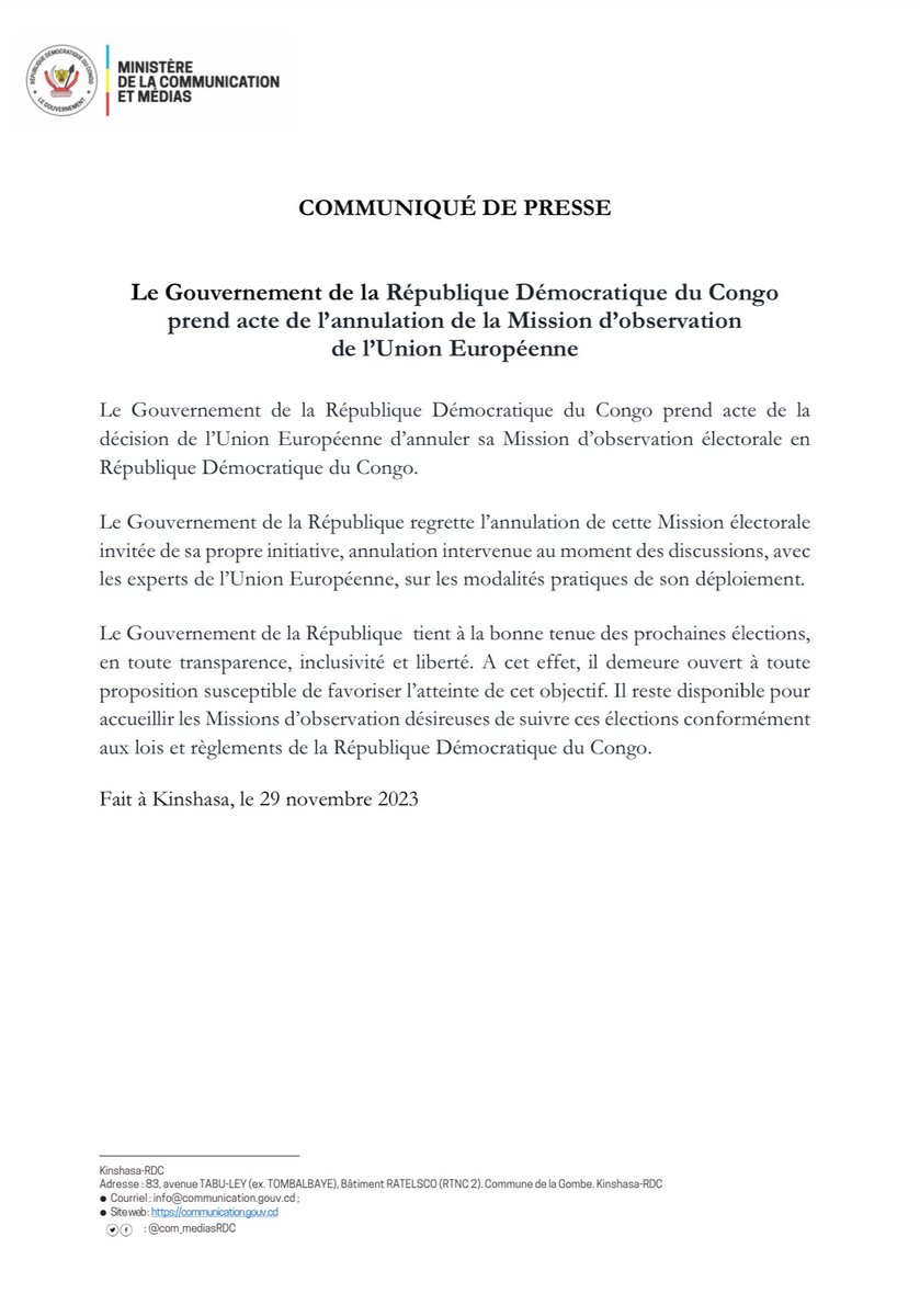 michombero's tweet photo. #RDC 🇨🇩 :" le Gouvernement de la République regrette l'annulation de cette Mission électorale
invitée de sa propre initiative, annulation intervenue au moment des discussions, avec
les experts de l'Union Européenne, sur les modalités pratiques de son déploiement",
Communiqué ⤵️ https://t.co/M7nvqrnjKV