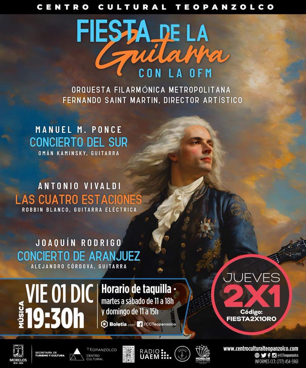 🎸👏🏽 ¡Tercera llamada, tercera!
 "Fiesta de la Guitarra con la OFM"
 2x1 en <a href="/boletia/">Boletia</a>

<a href="/RobbinBlanco/">Robbin Blanco</a>, Omán Kaminsky y Alejandro Córdova, virtuosos músicos que nos sorprenderán con sus ejecuciones en la guitarra

🎟🎟Boletos en taquilla
<a href="/CCTeopanzolco/">CCTeopanzolco</a>