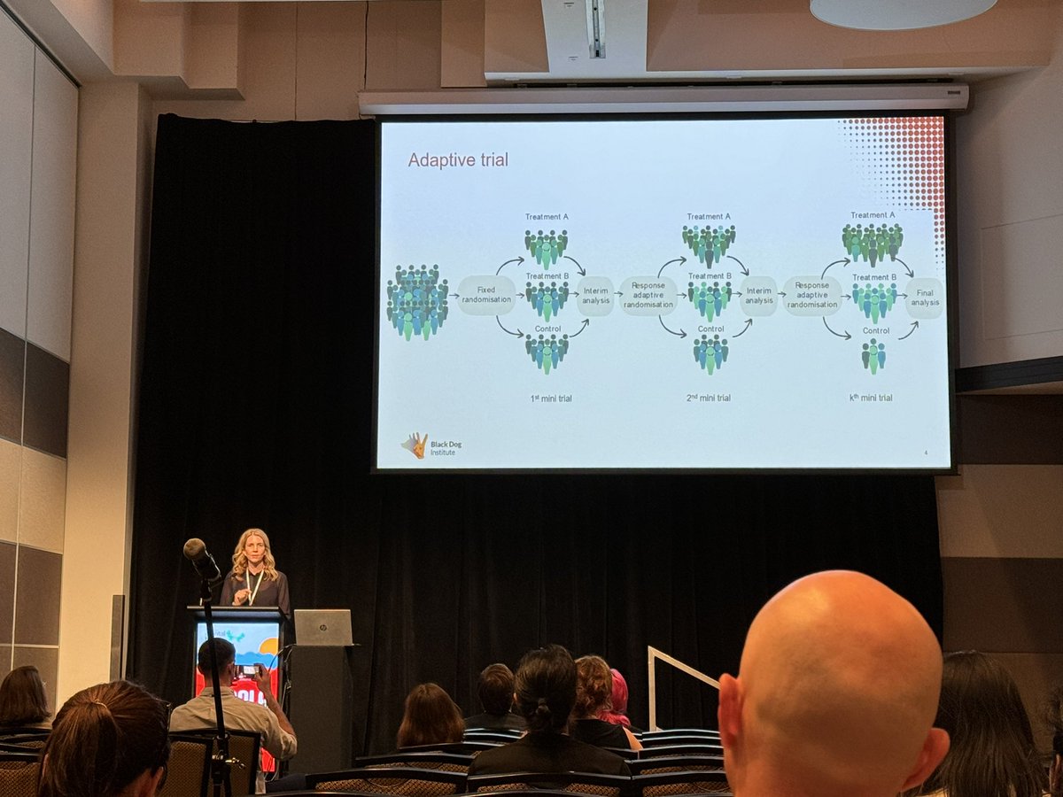 The fantastic @AlexisWhitton @blackdoginst talking about the potential of using AI in adaptive trials to optimise precision medicine approaches in #mentalhealth to work out what works best for whom #SMHR23