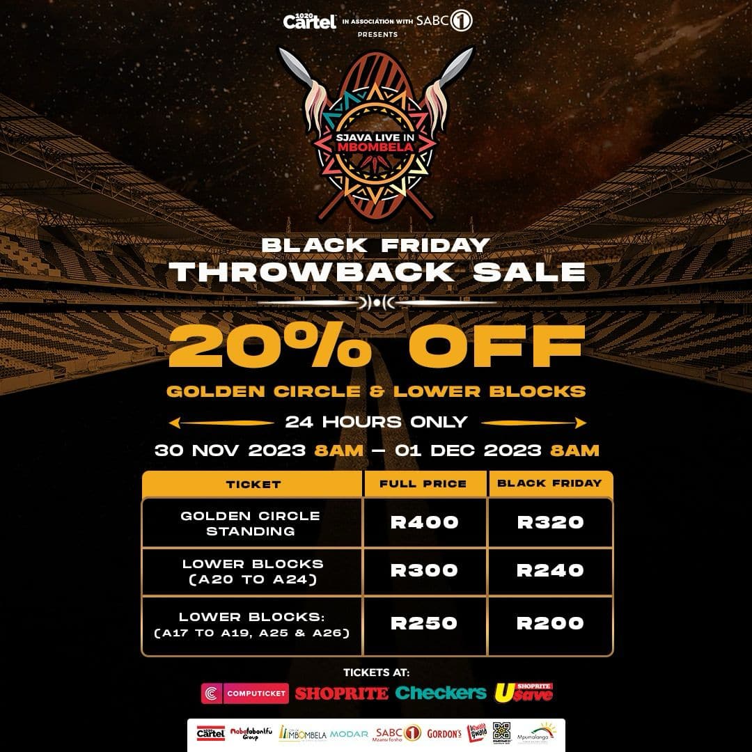 ligwalagwalaFM's tweet photo. It’s a 24 hour special sale that applies to golden circle and lower tiers (not VIP &amp; VVIP). It starts today at 8am and ends at 8am on Friday.
#SjavaLiveInMbombela
#roadtombombela
#Sabc1 #Gordons #Modar #1020Cartel #Nabalabantfu #LigwalagwalaFM #ikwekwezifm #MTPA @Sjava_atm https://t.co/TdDqmWmg3B