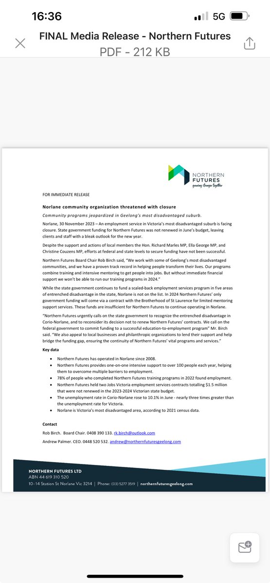 As a board member of the highly successful ⁦<a href="/NFuturesGeelong/">Northern Futures</a>⁩ I am deeply concerned about our ability to continue to provide important pre Employment training to the most disadvantaged community in the state - please see our media release issued today👇🏻