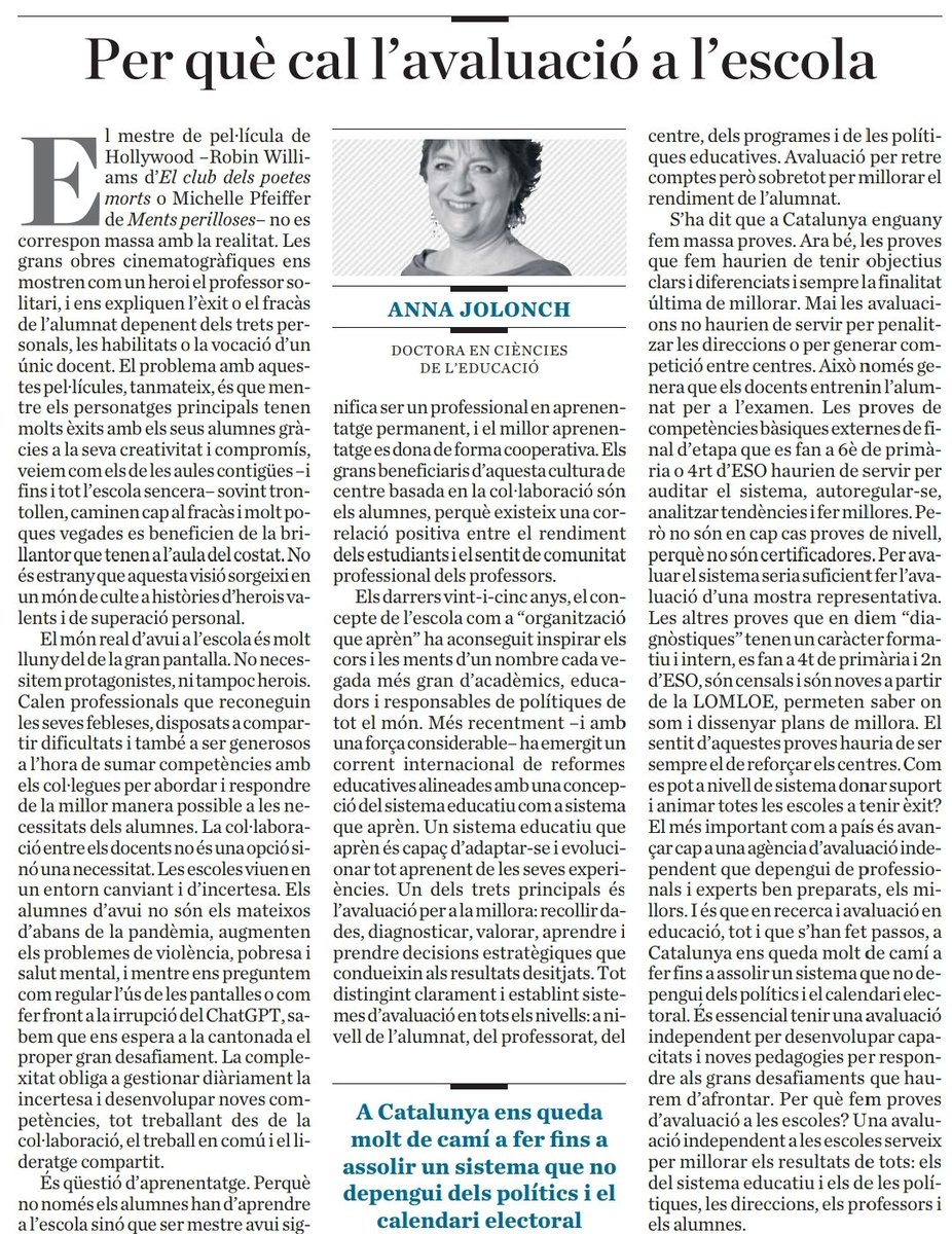 Una avaluació amb sentit per la millora del sistema, de l'escola,  dels aprenentatges de l'alumnat i també de la tasca docent. Gràcies <a href="/AnnaJolonch/">Anna Jolonch</a> per posar el focus en l'escola com a “organització que aprèn”.