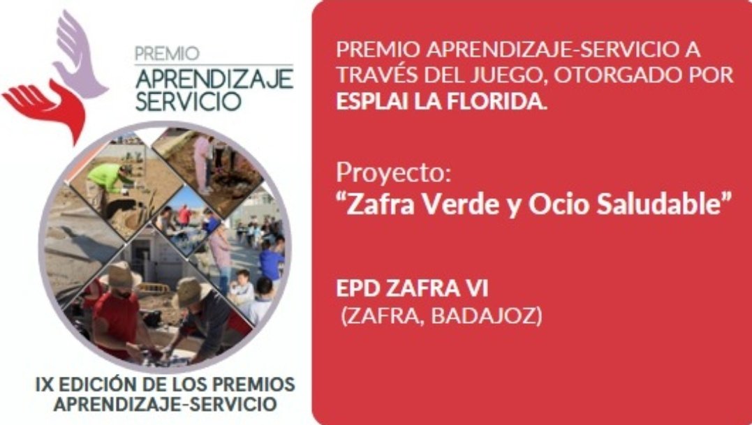 REDAPS1's tweet photo. #PremiosAps2023. Premio Aprendizaje-Servicio a través del juego, otorgado por Esplai La Florida.
 Proyecto: 
“Zafra Verde y Ocio Saludable”🍃
EPD Zafra VI (Zafra, Badajoz) ¡Enhorabuena!
@ApSExtremadura @AytoZafra #AprendizajeServicio https://t.co/W0ZJzfSe8L