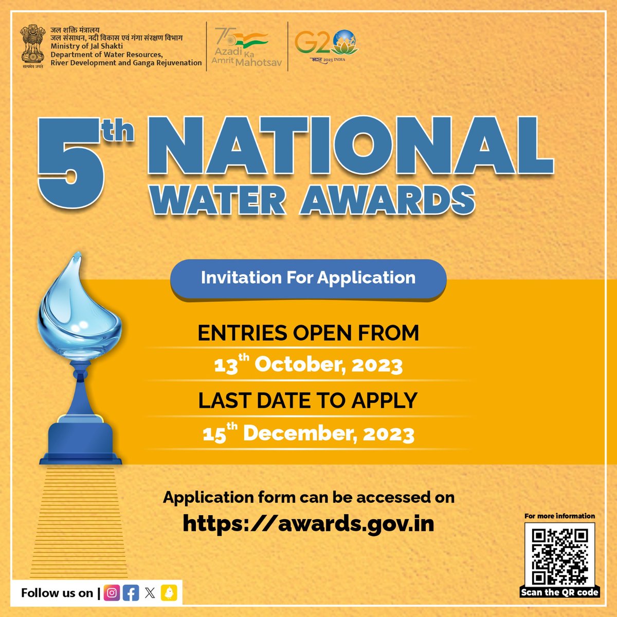 Dive into excellence! The 5th #NationalWaterAwards organised by the @MoJSDoWRRDGR awaits your groundbreaking contributions. Register now & be a part of the water revolution. 
#WaterInnovation #JalShakti #WaterAwards2023 #NWA2023