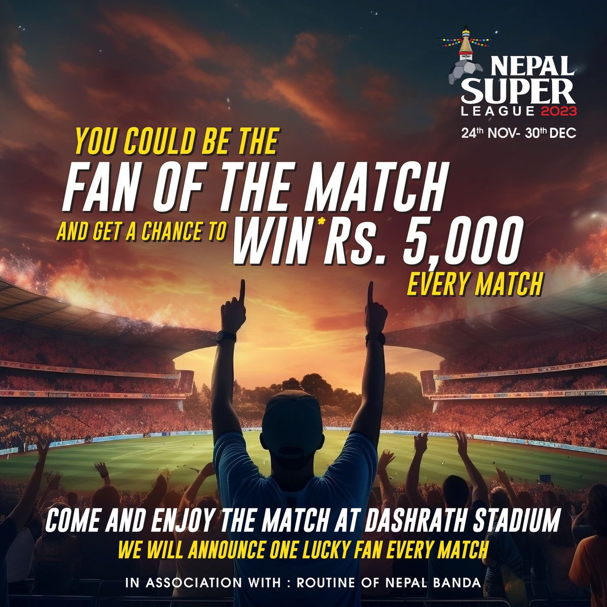 Gear up for the Fan of the Match experience! Immerse yourself in the beating heart of Dashrath Stadium, where every cheer reverberates. Seize the opportunity to claim the Fan of the Match title and walk away with Rs 5,000 in each exhilarating face-off match. 
#NSL2023