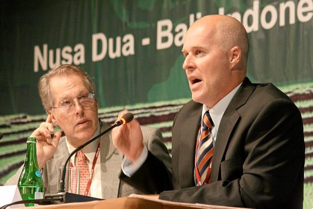 ProfMattEngland's tweet photo. TBT as #COP28 gets underway: me with Richard Somerville @Scripps_Ocean presenting the Bali Declaration in 2007 at #COP13 "In order to stay below 2ºC warming, global emissions must peak and decline in the next 10 to 15 years, so there is no time to lose. As scientists we urge.... https://t.co/hwwC6j0owi