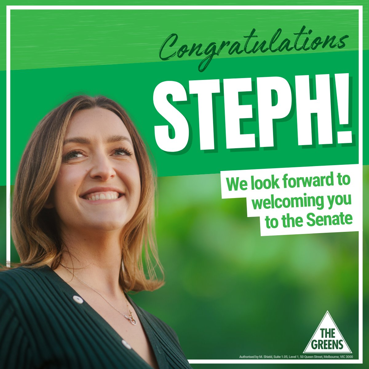 📣 We are so excited today to announce @stephhodginsmay as the incoming Greens Senator for Victoria! Earlier today, Steph was announced as the next Senator for Victoria, following a massive state-wide ballot of the Victorian Greens membership.